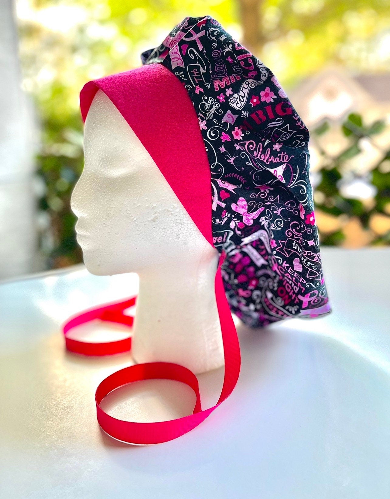 Breast Cancer scrub cap, ponytail scrub hat, pink ribbon, Women's scrub caps